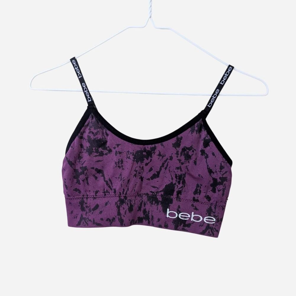 Bebe Purple Splatter Sports Bra Bralette Graphic Logo Straps Ribbed Athletic